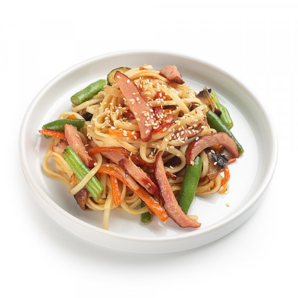 Вок с беконом и шампиньонами